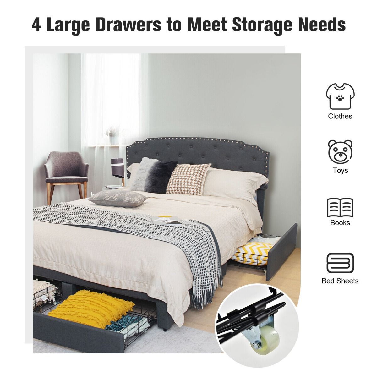 Upholstered Double Bed Frame with 4 Storage Drawers and Adjustable Headboard